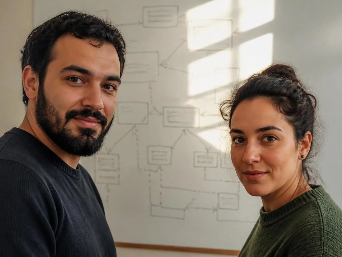 Dois alunos em pé diante do quadro branco, desenhando a ordem de um argumento