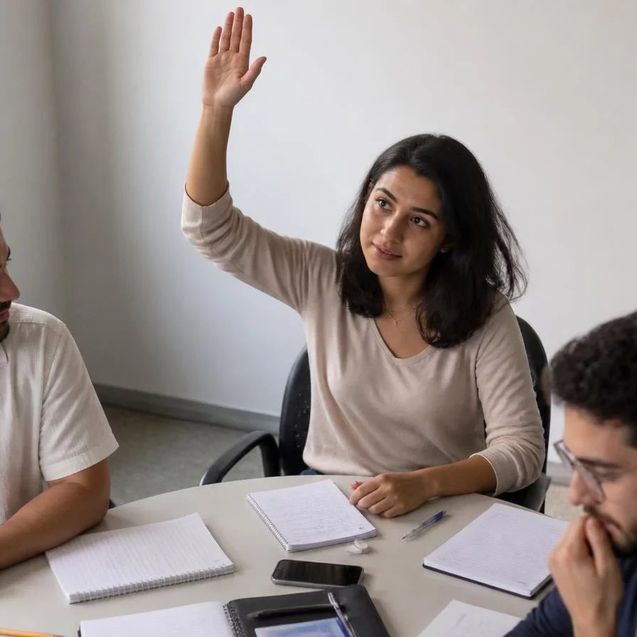 Roda de participantes; um deles repete em voz alta o argumento do colega antes de dar a resposta